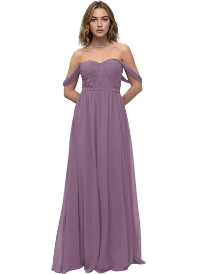 Off Shoulder Sweetheart Chiffon Bridesmaid Dress with Ruched Bodice