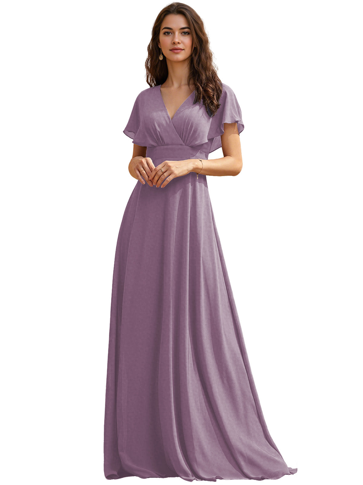 Flutter Sleeve V-Neck Chiffon Bridesmaid Dress with Flowing dress