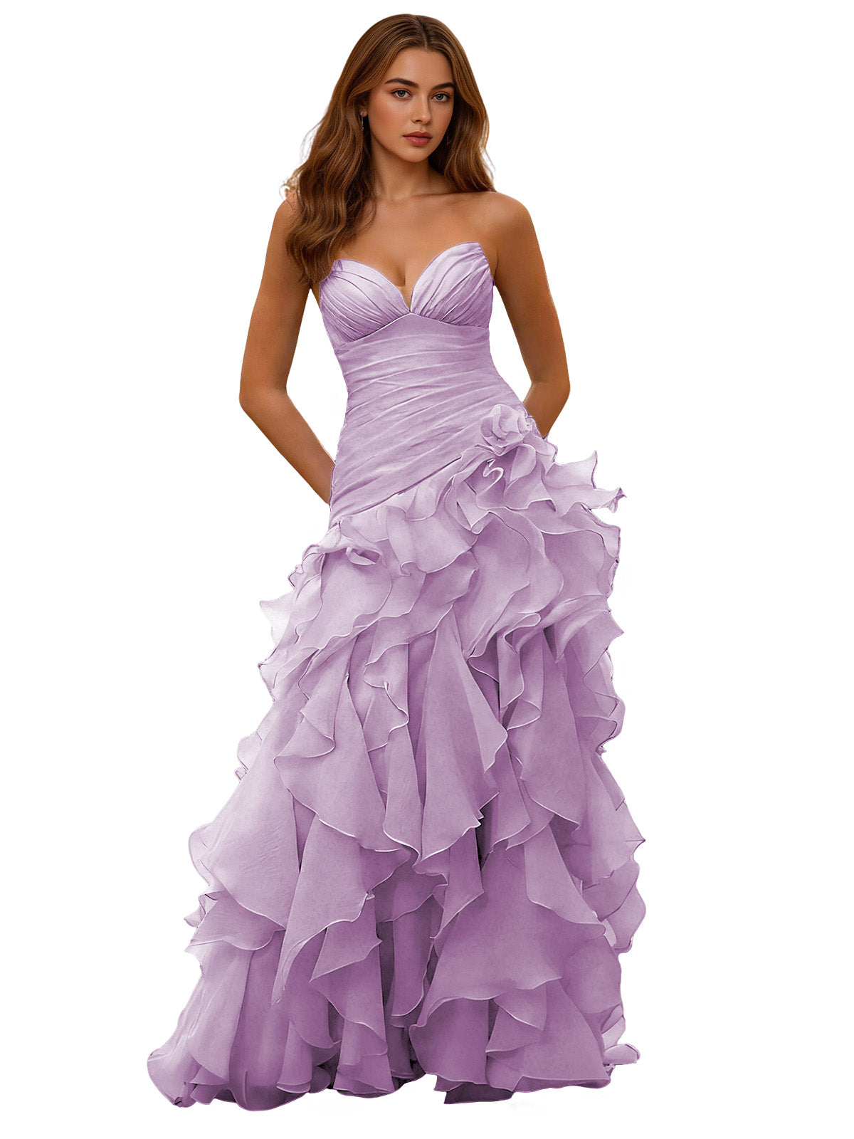 Strapless Organza Ruffle Ball Gown Prom Dress with Draped Corset Bodice