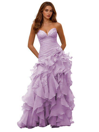 Strapless Organza Ruffle Ball Gown Prom Dress with Draped Corset Bodice
