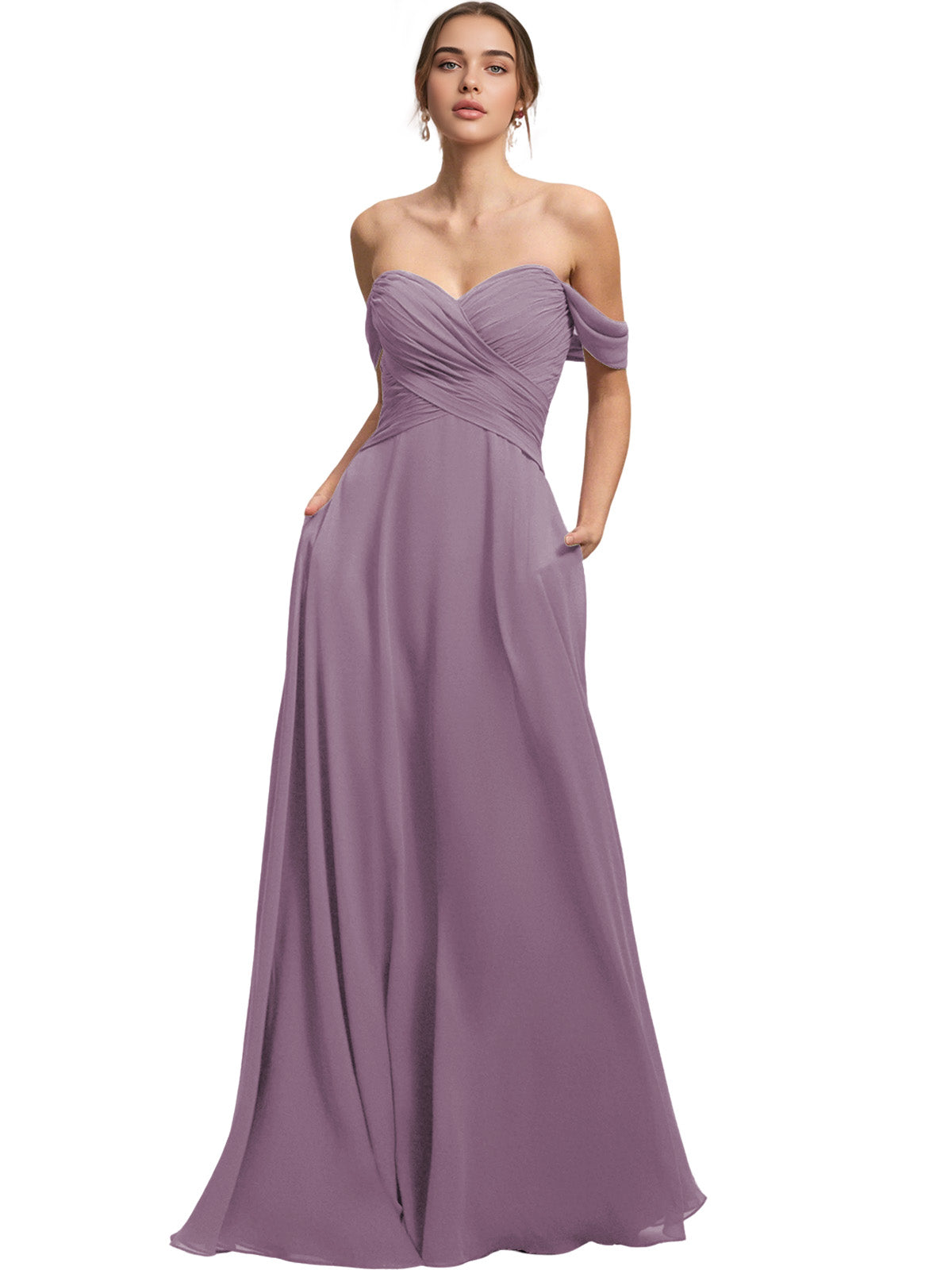 Off Shoulder Chiffon Bridesmaid Dress with Draped Bodice and A-Line Dress
