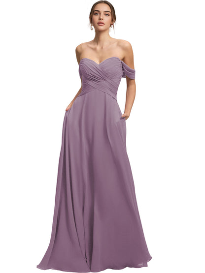 Off Shoulder Chiffon Bridesmaid Dress with Draped Bodice and A-Line Dress
