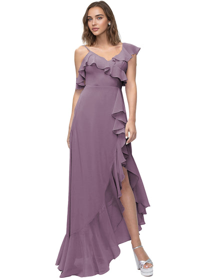 Asymmetrical Ruffle Chiffon Bridesmaid Dress with High Low Slit