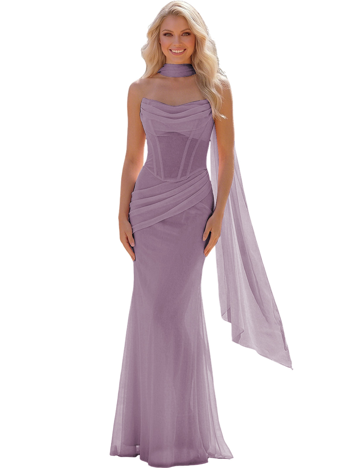 Strapless Chiffon Bridesmaid Gown with Sheer Boned Bodice, Ruched Waist and Scarf