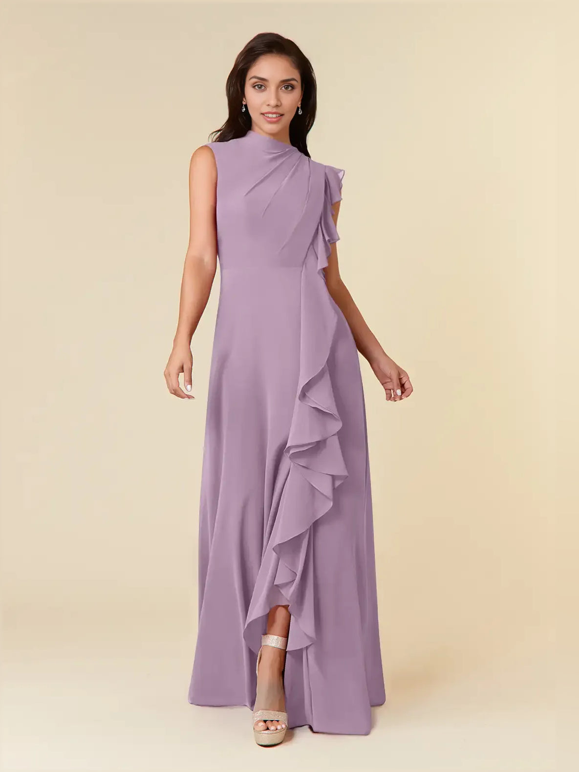Draped Ruffled High Neck A-Line Maxi Chiffon Bridesmaid Dress for Church Wedding