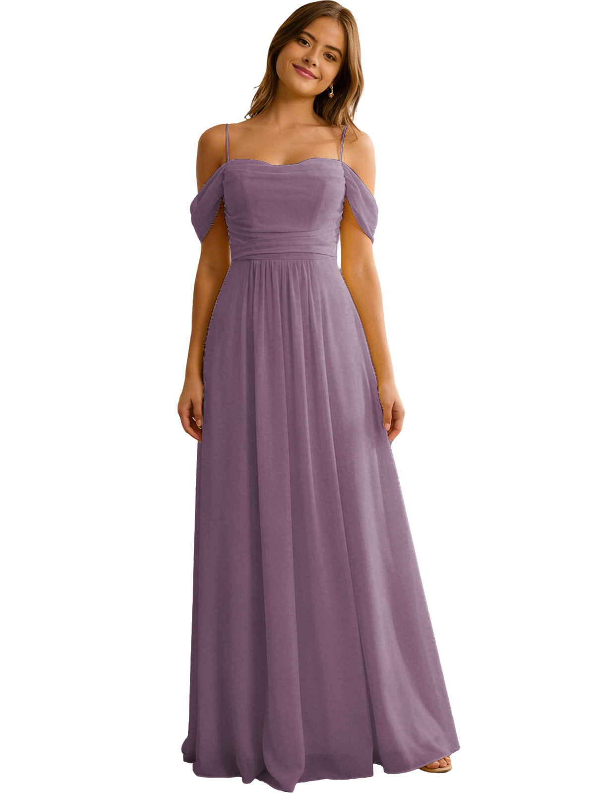 Off Shoulder Chiffon Bridesmaid Dress with Soft Pleated Bodice