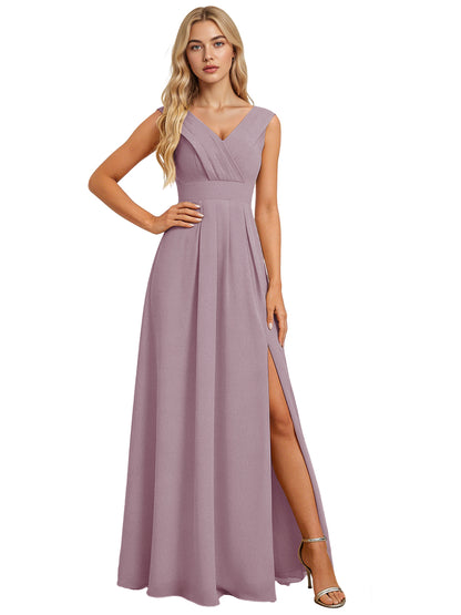 Surplice V-Neck Chiffon Bridesmaid Dress with A-Line Slit dress