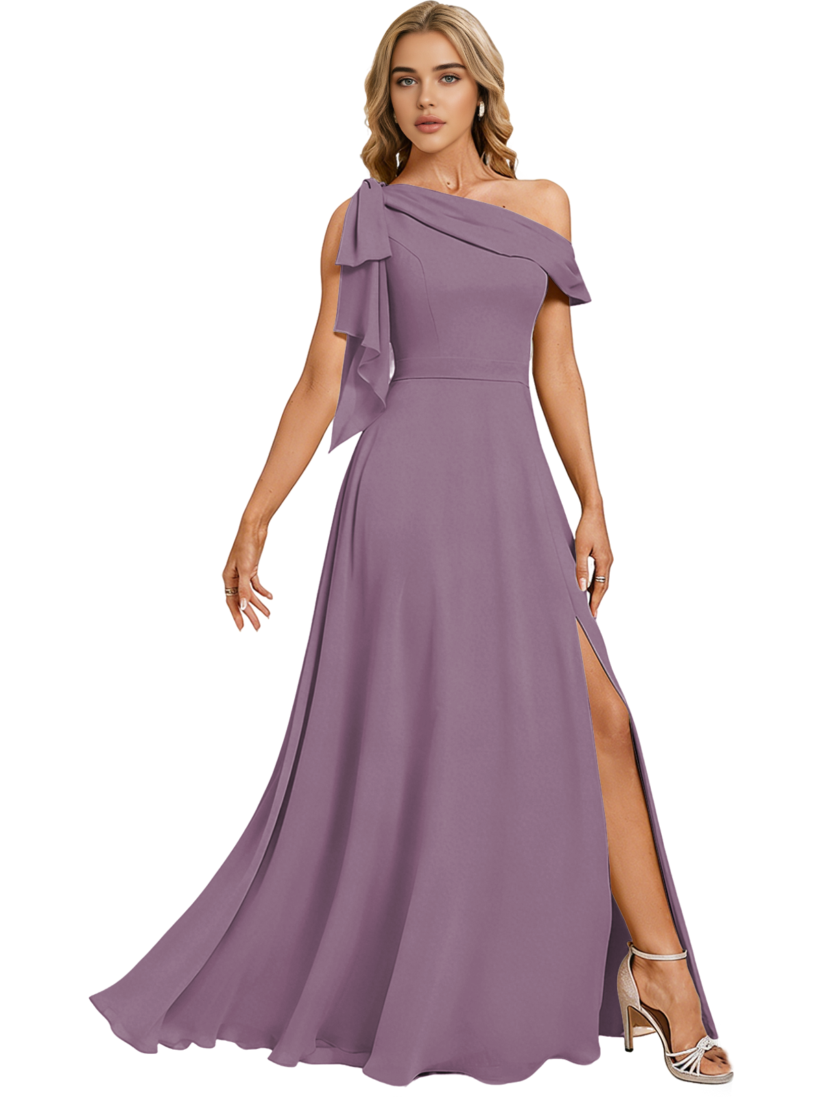 Asymmetric Off Shoulder Bridesmaid Dress with Draped Sleeve and Slit