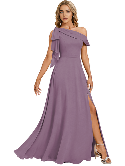 Asymmetric Off Shoulder Bridesmaid Dress with Draped Sleeve and Slit