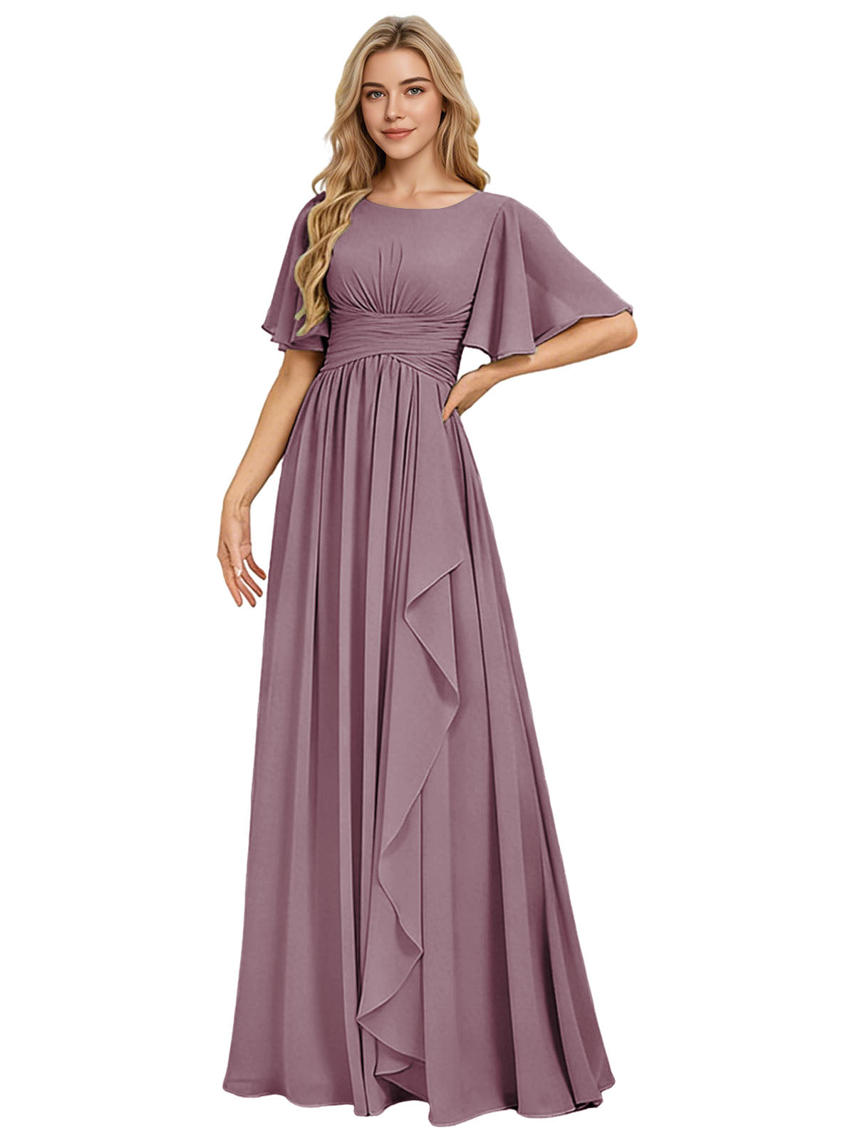 Flutter Sleeve Chiffon Bridesmaid Dress with Tiered Front Ruffle