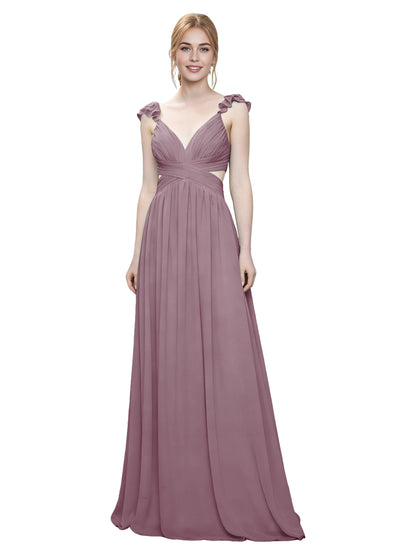 Ruffle Strap V-Neck Tulle Bridesmaid Dress with Pleated Waist