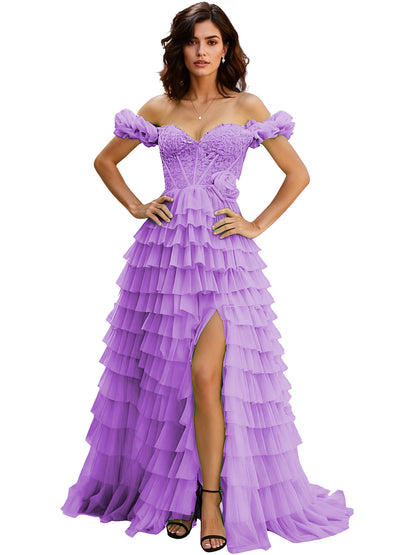 Off Shoulder Tulle Ball Gown Prom Dress with Ruffle Sleeves and Slit