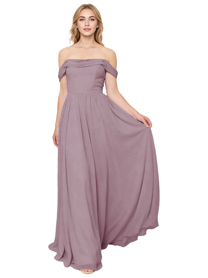 Off Shoulder Pleated Chiffon Bridesmaid Dress with Flowing A-Line Dress
