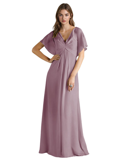 Short Sleeve V-Neck Chiffon Bridesmaid Dress with Gathered Waist