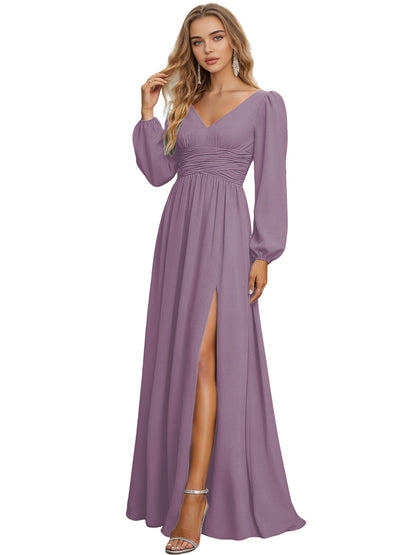 Long Sleeve V-Neck Chiffon Bridesmaid Dress with Front Slit