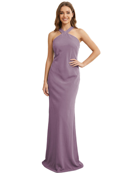 High Neck Halter Bridesmaid Dress with Sleek Column Silhouette
