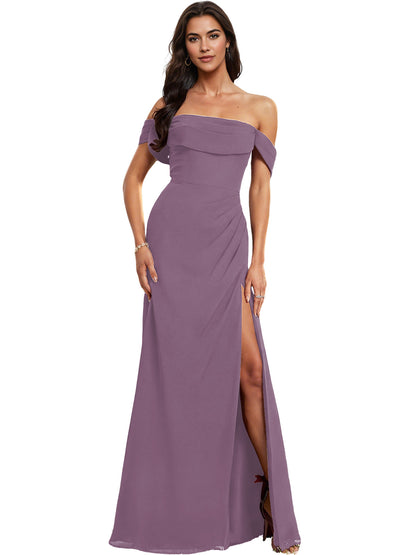 Off Shoulder Crepe Bridesmaid Dress with Foldover Neckline and Slit
