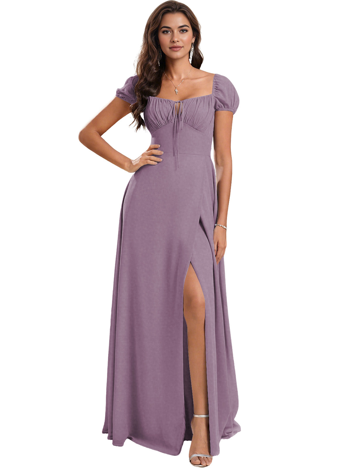 Ruched Short Sleeve Chiffon Bridesmaid Dress with Side Slit