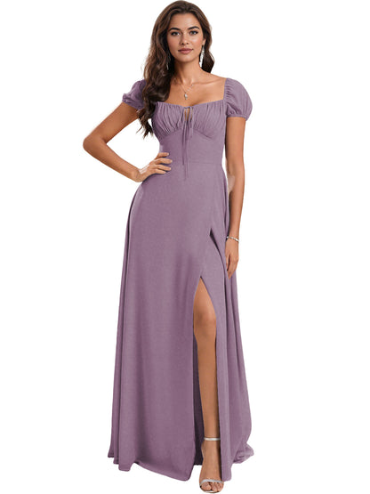 Ruched Short Sleeve Chiffon Bridesmaid Dress with Side Slit