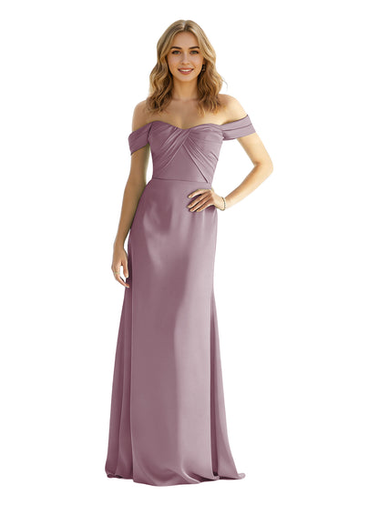 Sweetheart Off Shoulder Satin Bridesmaid Dress with Wrapped Bodice