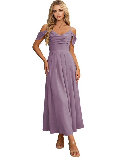Off Shoulder Midi Bridesmaid Dress with Pleated Bodice and Flowing dress