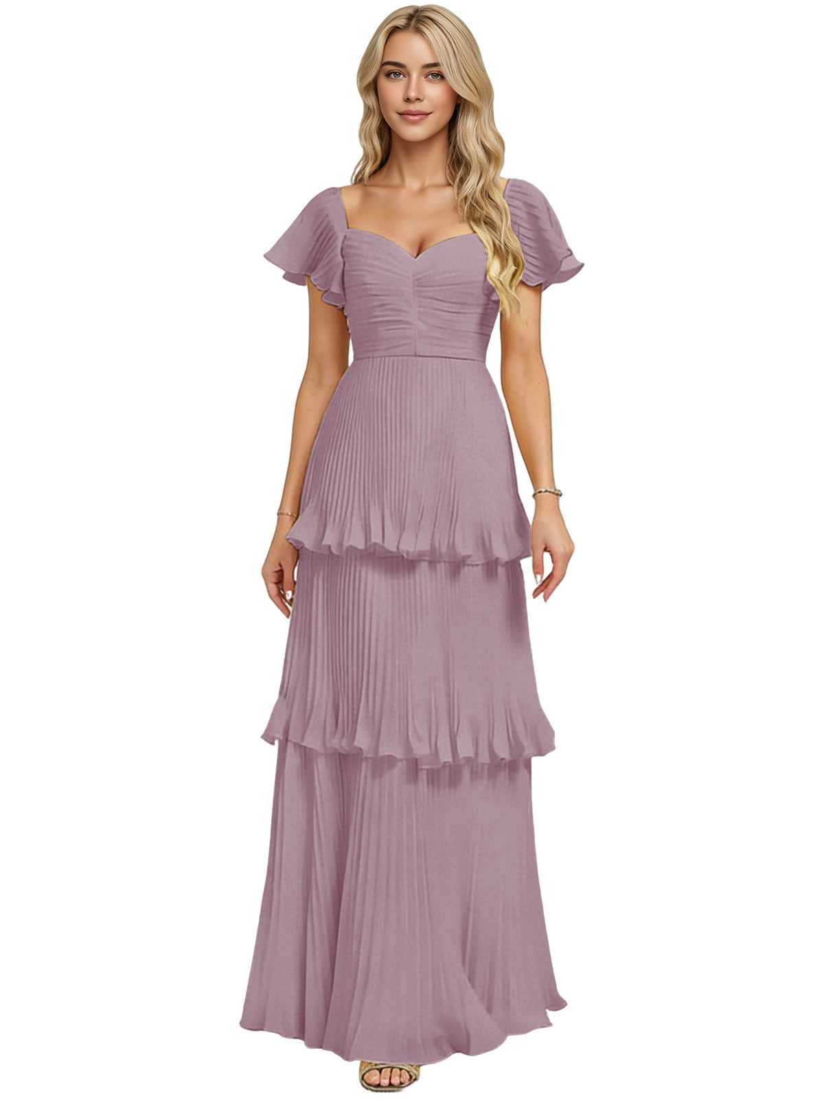 Tiered Ruffle Chiffon Bridesmaid Dress with Sweetheart Neckline