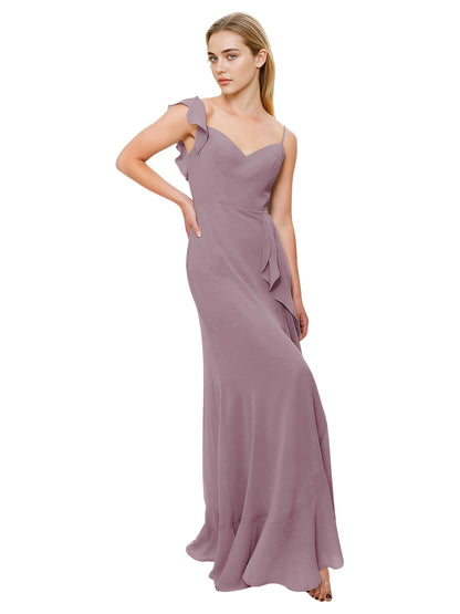 V-Neck Ruffle Strap Bridesmaid Dress with Cascading Chiffon Dress