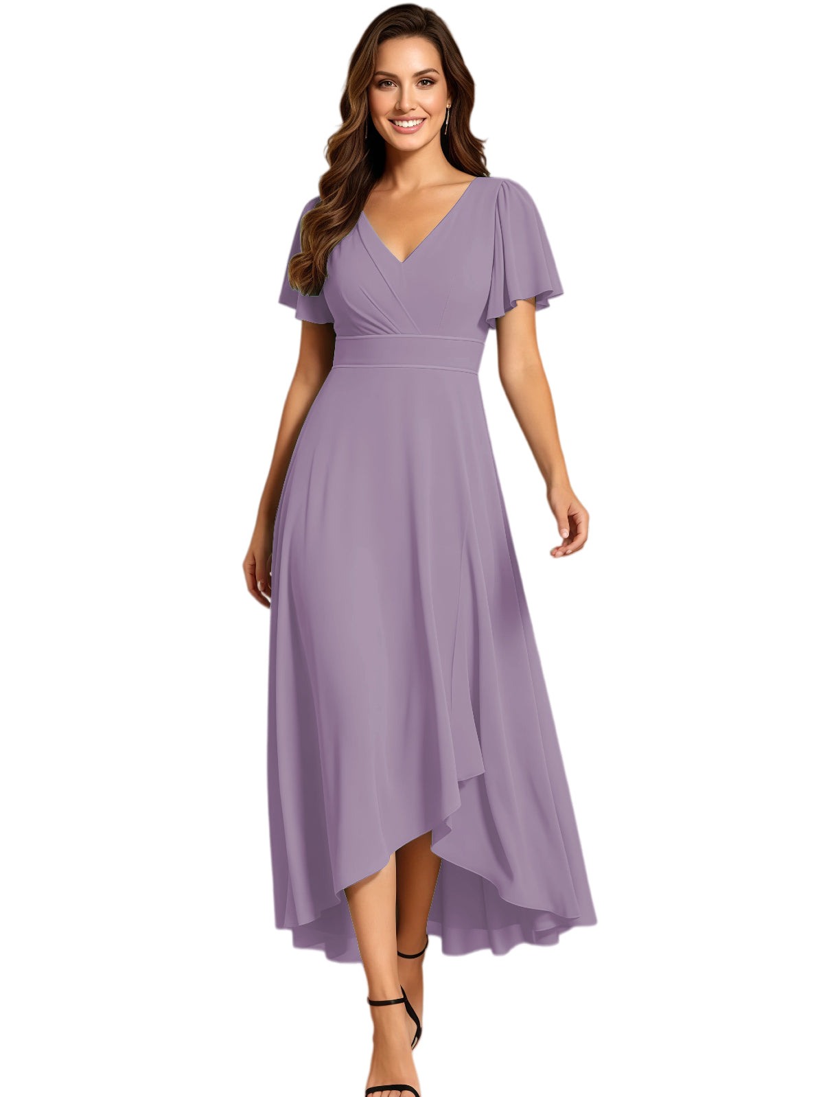 High Low Mother of the Bride Dress V-Neck Flutter Sleeve Chiffon Formal Gown