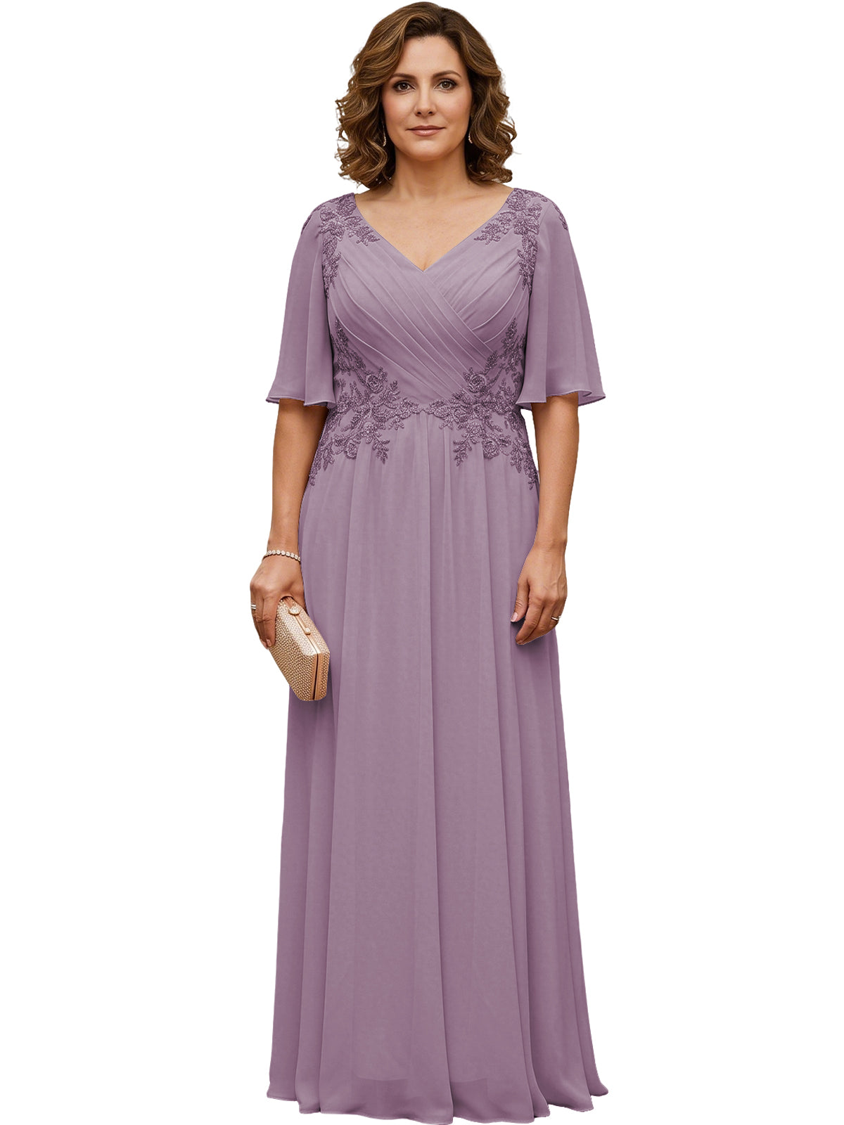 Mother of the Bride Dress Long Chiffon A-Line Gown with Flutter Sleeves and Beaded Lace