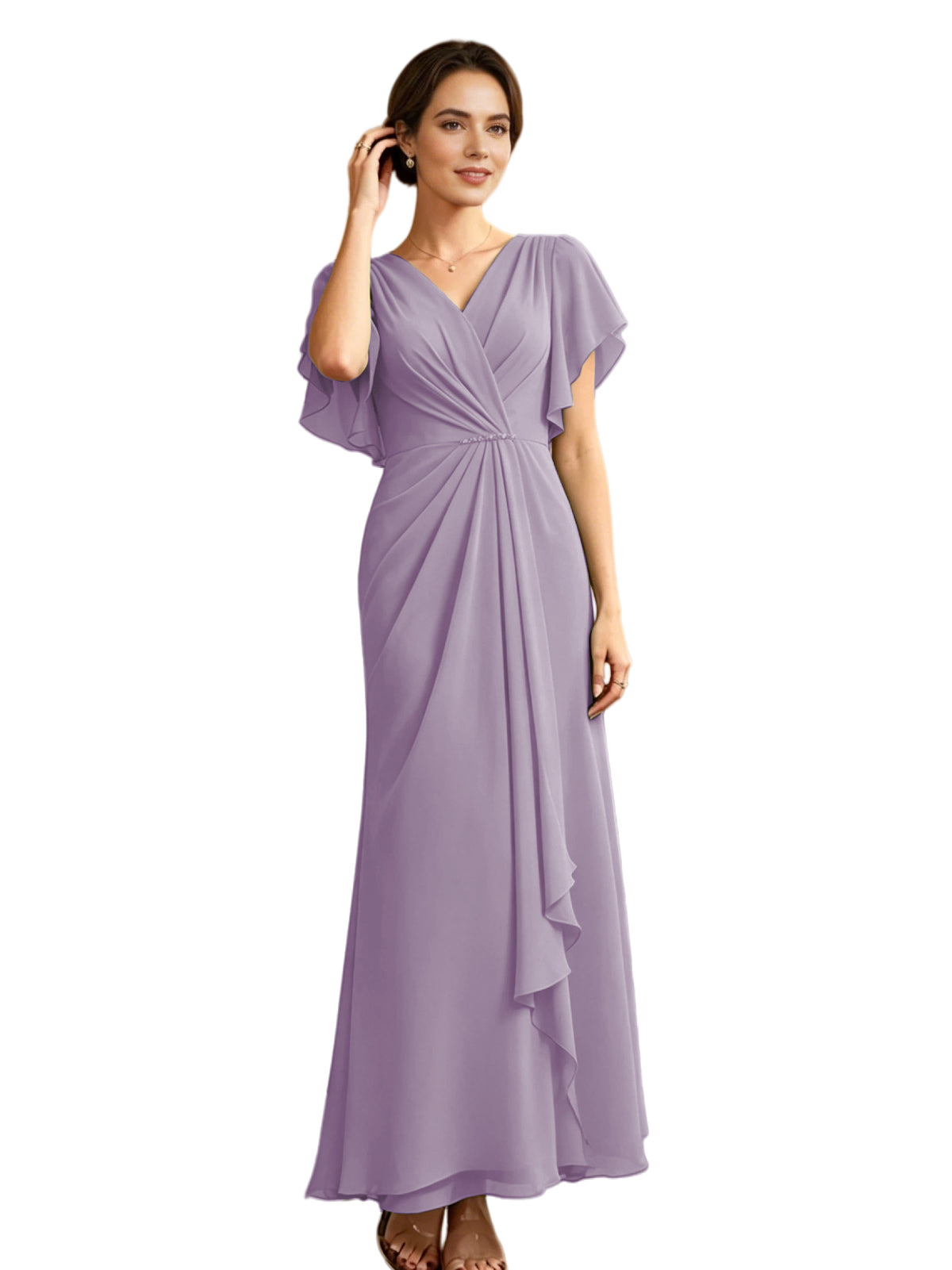 Long Chiffon Mother of the Bride Dress V-Neck Flutter Sleeve A-Line Gown with Beaded Waist