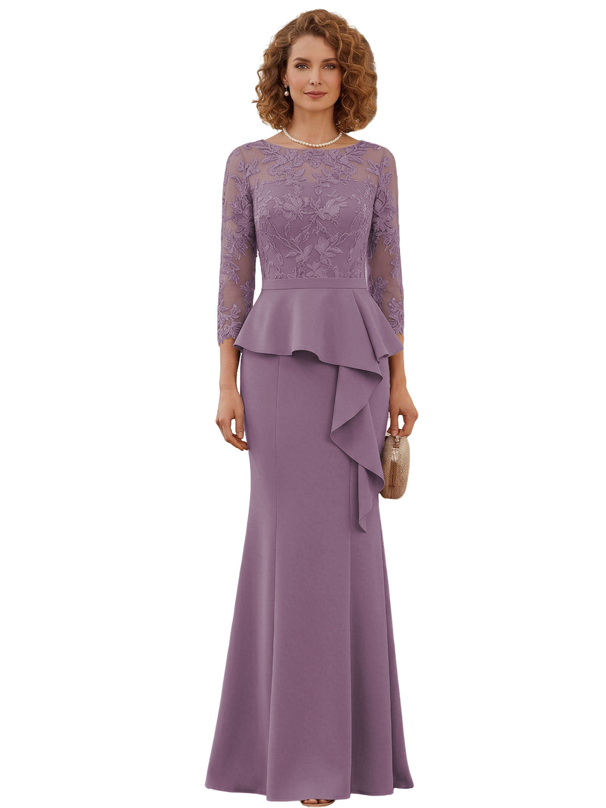 Long Mother of the Bride Dress Lace Illusion Bodice Peplum Mermaid Formal Evening Gown