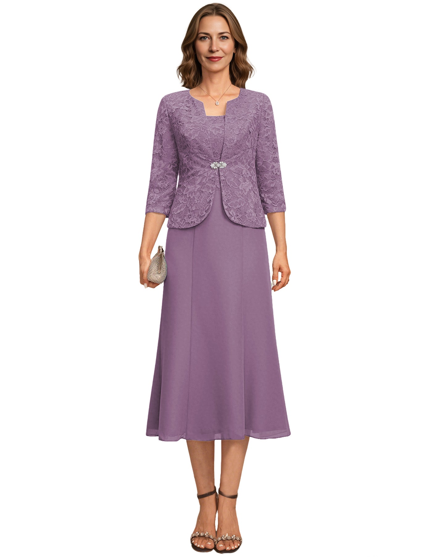 Tea Length Mother of the Bride Dress Lace Jacket Chiffon A-Line Wedding Guest Outfit