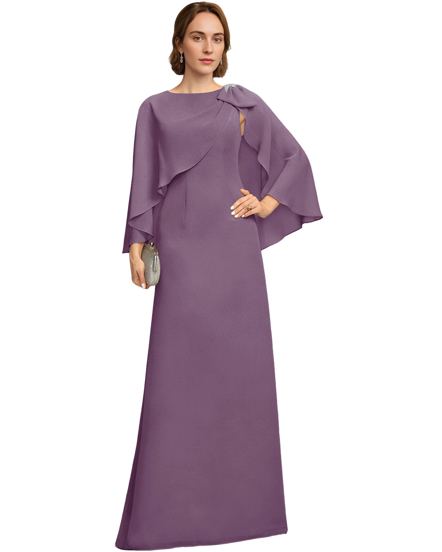 Long Cape Sleeve Mother of the Bride Dress Jewel Neck Chiffon Column Gown with Bow Detail
