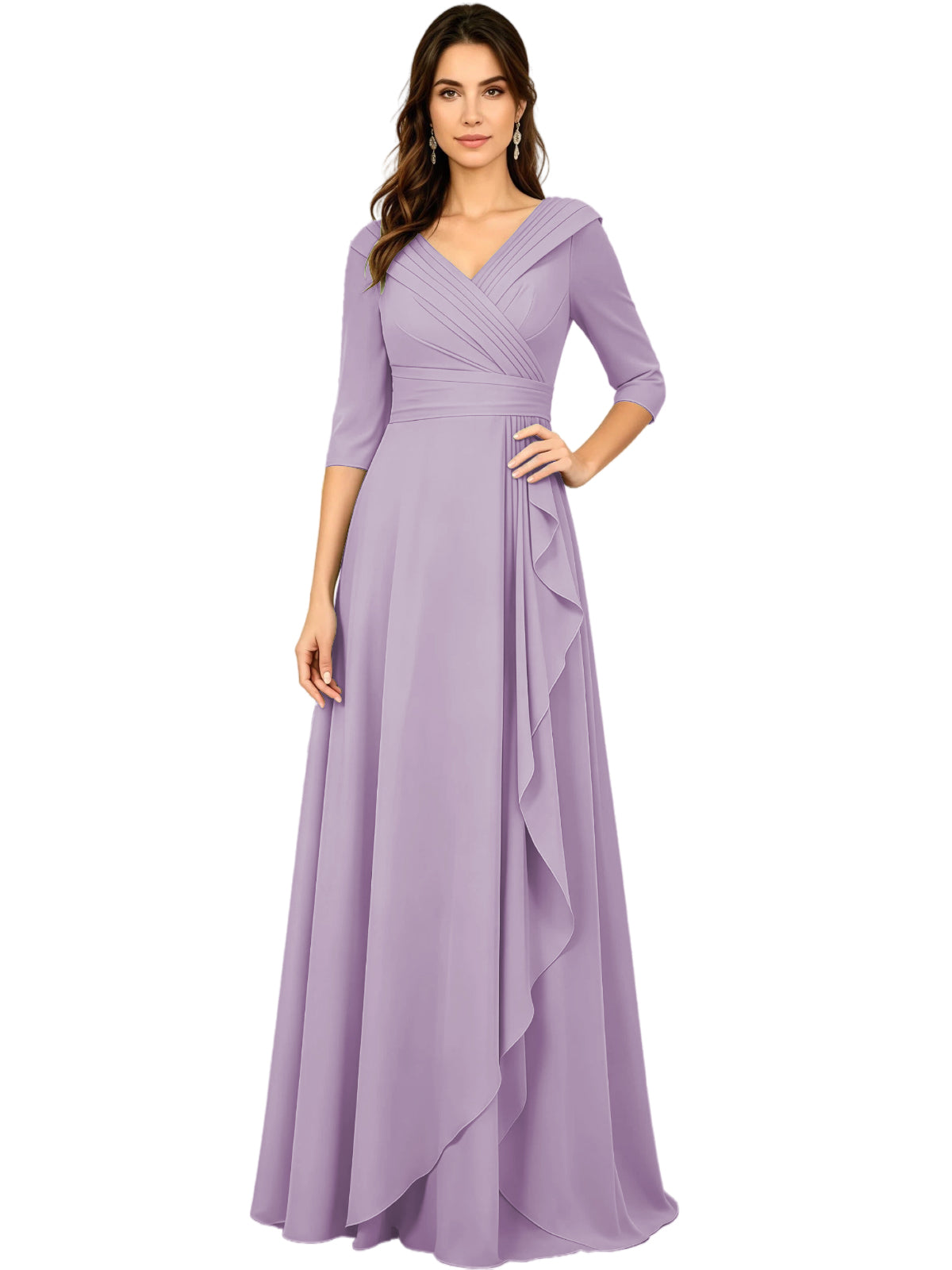 Long V-Neck Mother of the Bride Dress Chiffon Half Sleeve A-Line Gown with Side Ruffle