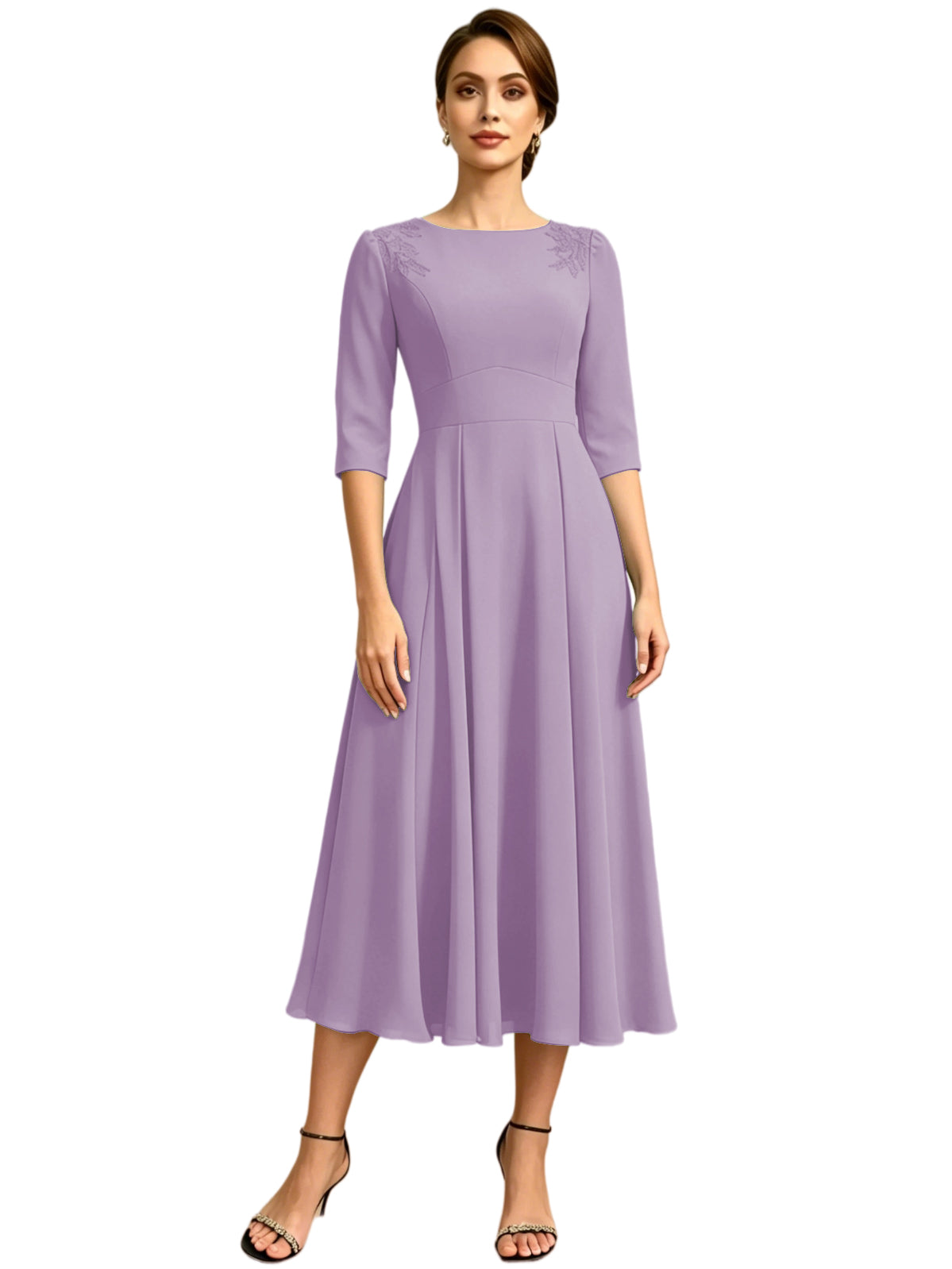 Tea Length Mother of the Bride Dress Jewel Neck Chiffon A-Line Formal Gown with Embroidery