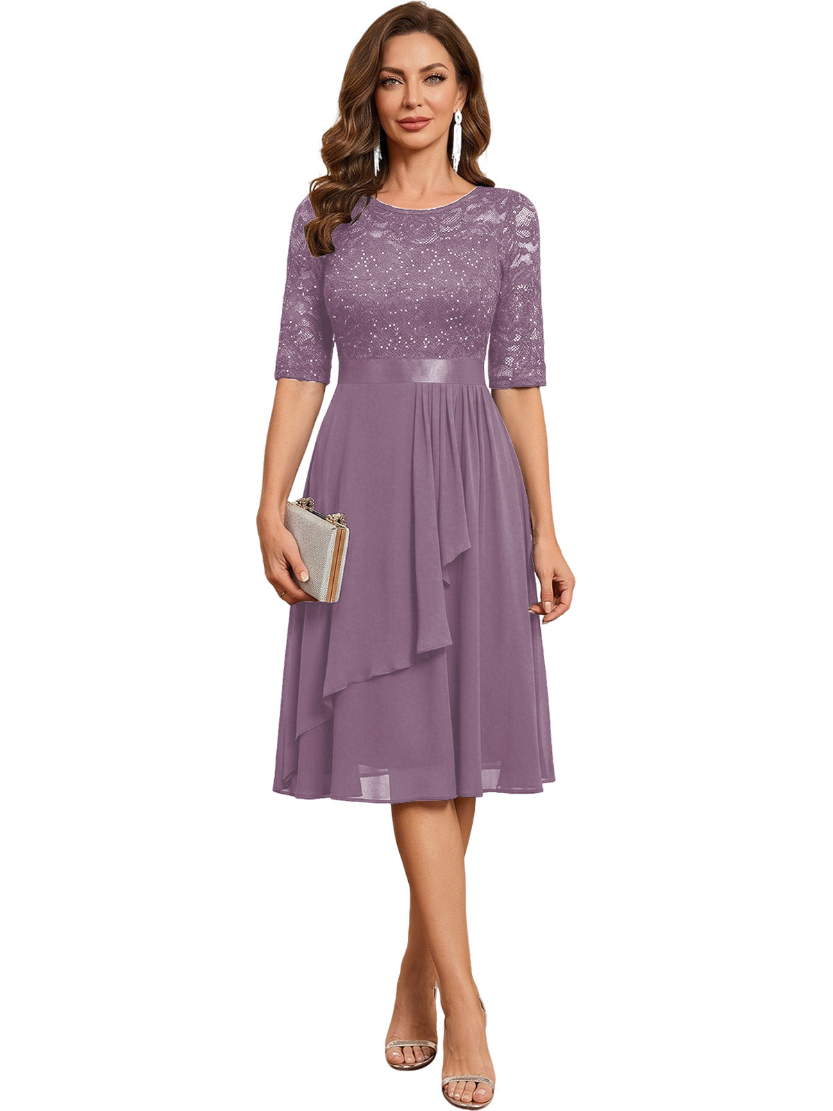 Knee Length Mother of the Bride Dress Sequined Lace Bodice Chiffon Skirt Formal Guest Outfit