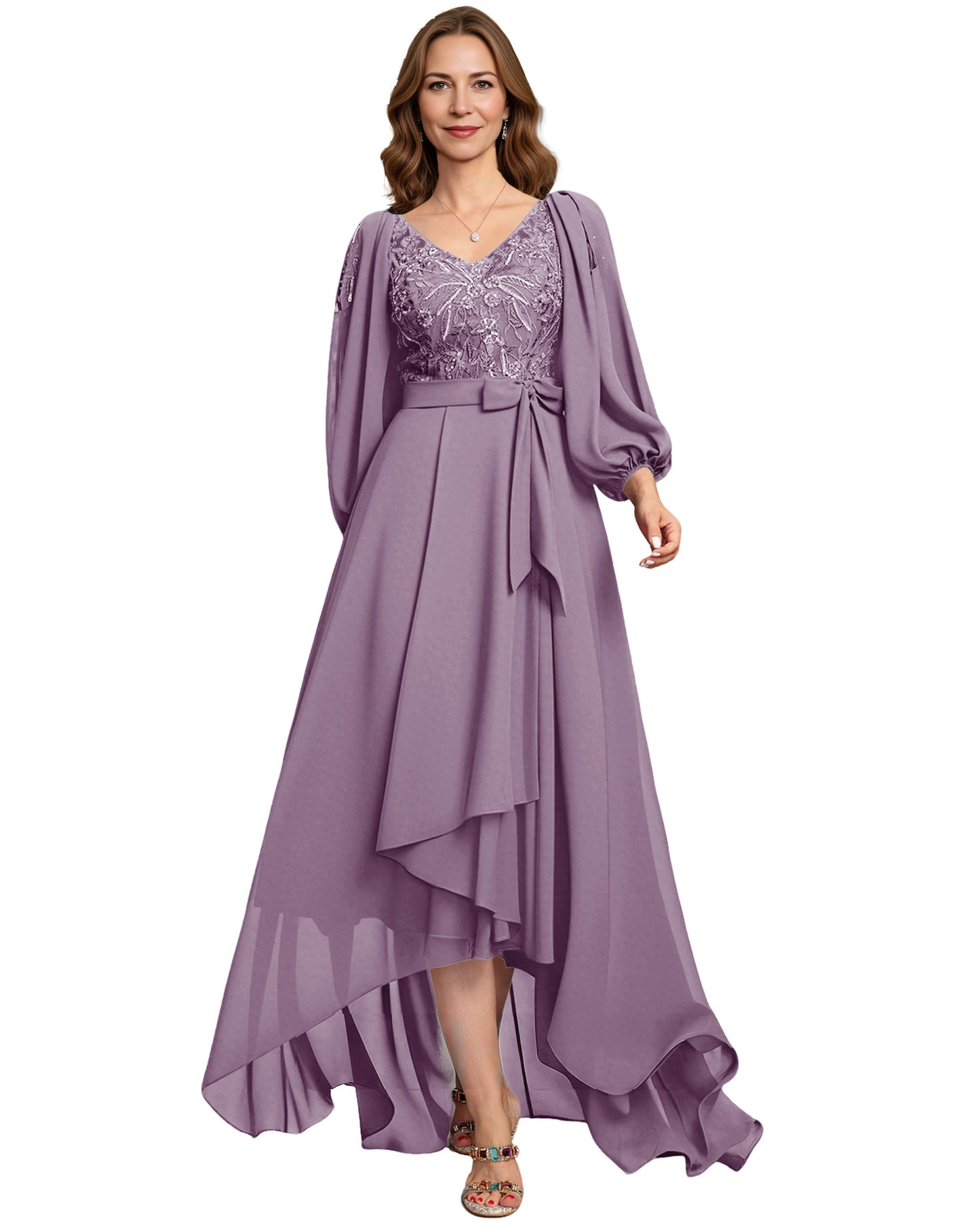 High Low Mother of the Bride Dress Lace Bodice Chiffon Jacket Formal Wedding Gown