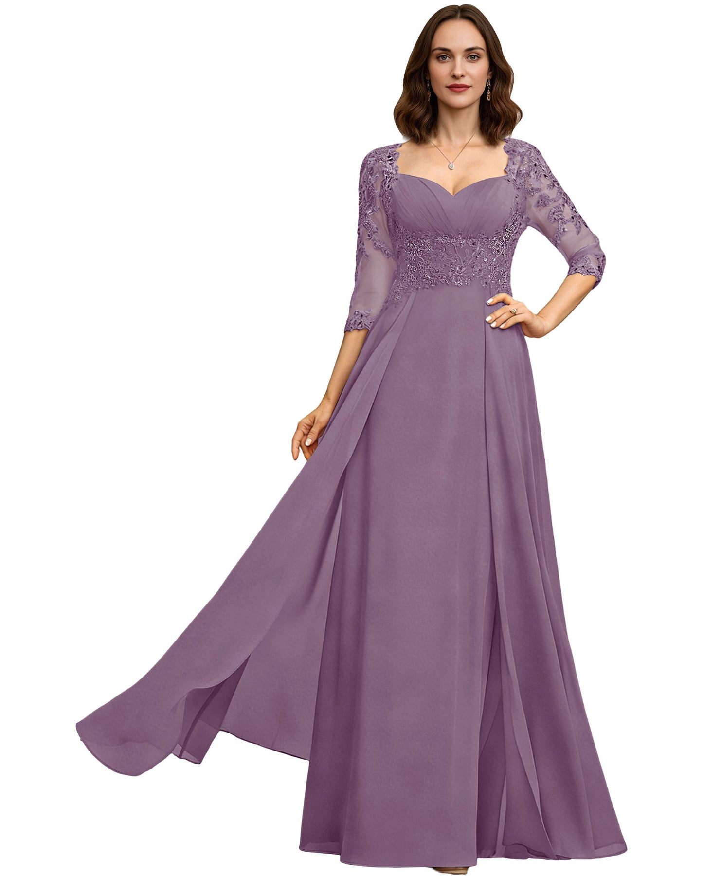 Long Sweetheart Mother of the Bride Dress Lace 3/4 Sleeve Chiffon A-Line Gown