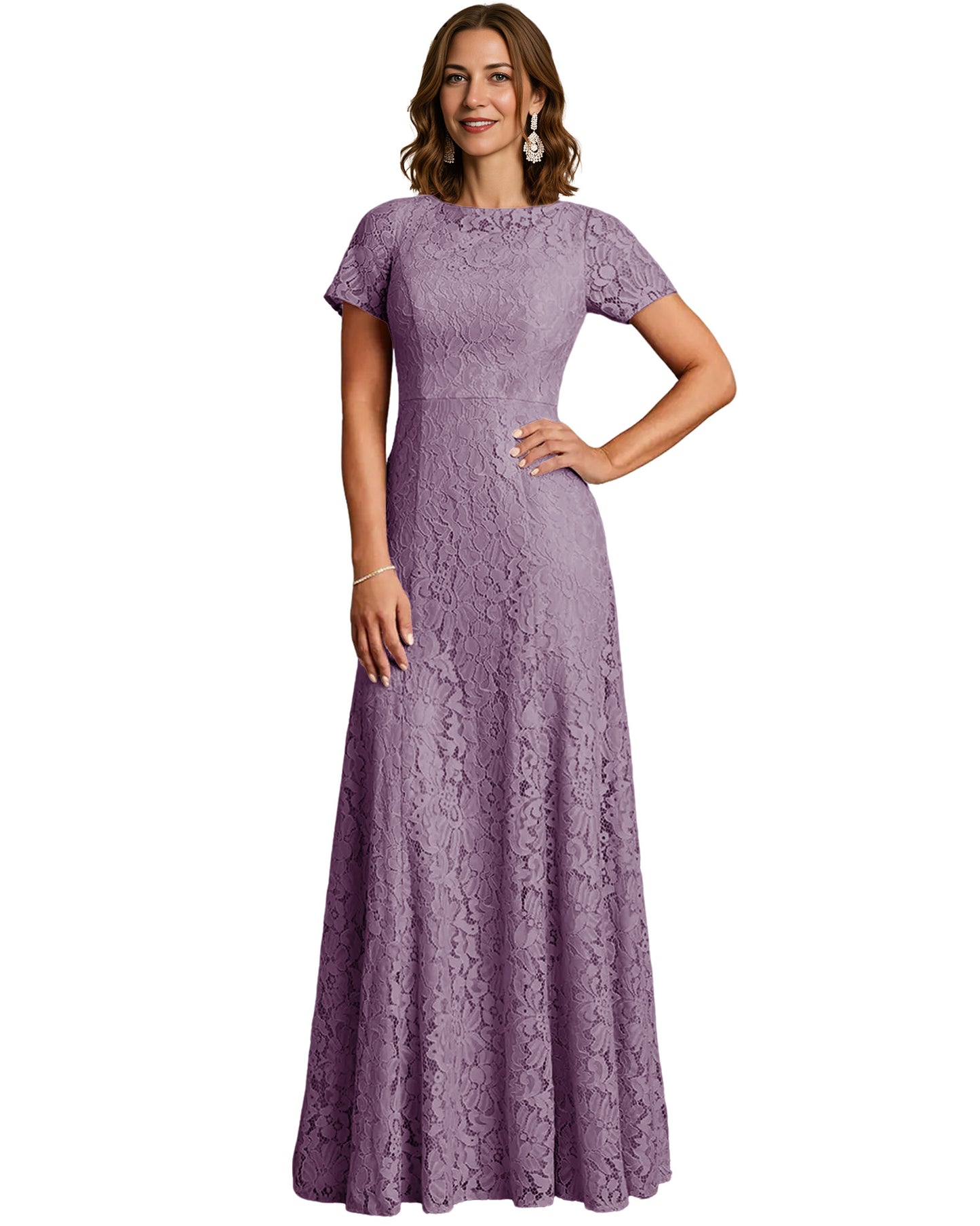 Long Lace Mother of the Bride Dress Short Sleeve Mermaid Gown with Crew Neckline