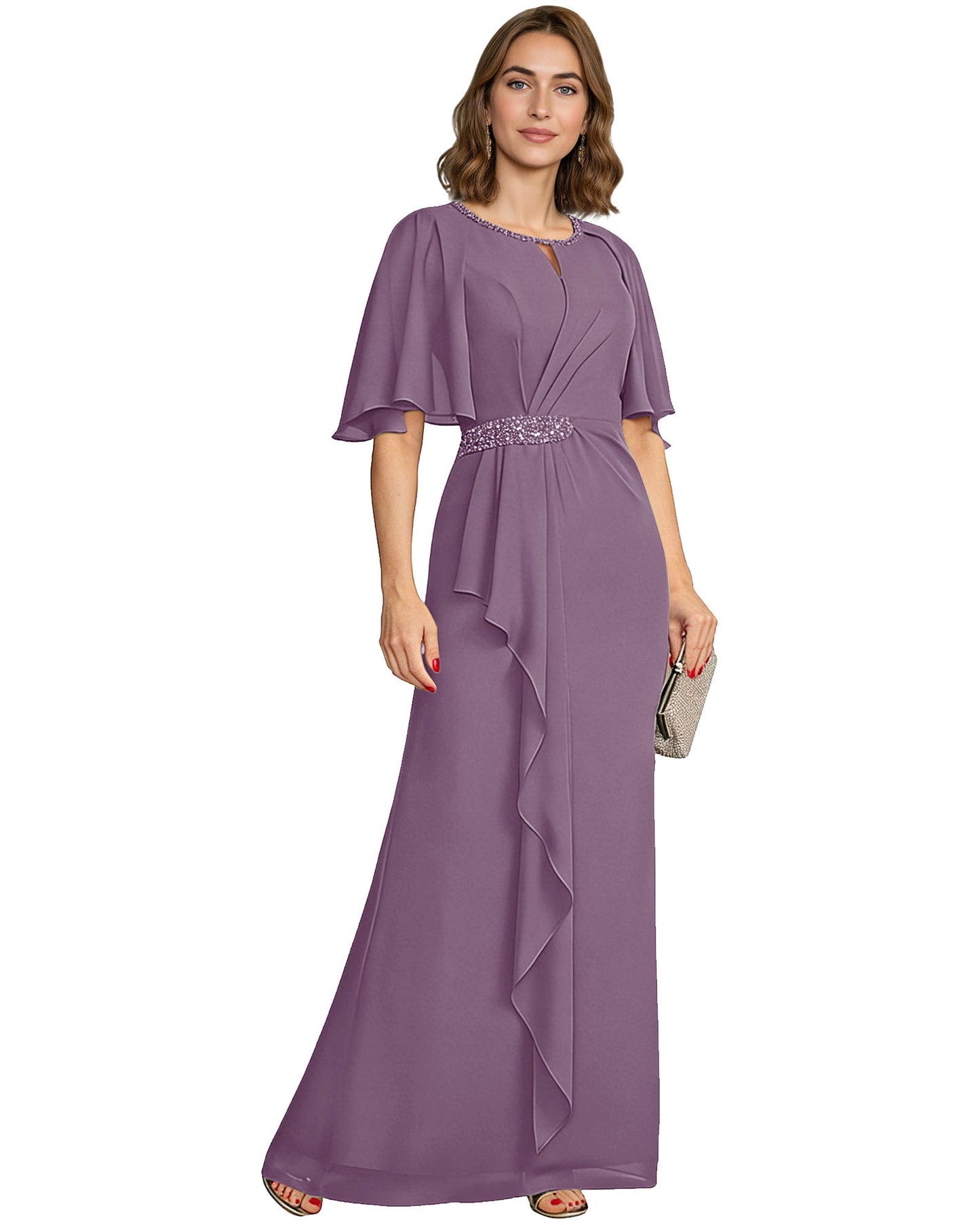 Long Mother of the Bride Dress Chiffon Flutter Sleeve Beaded Waist Formal A-Line Gown