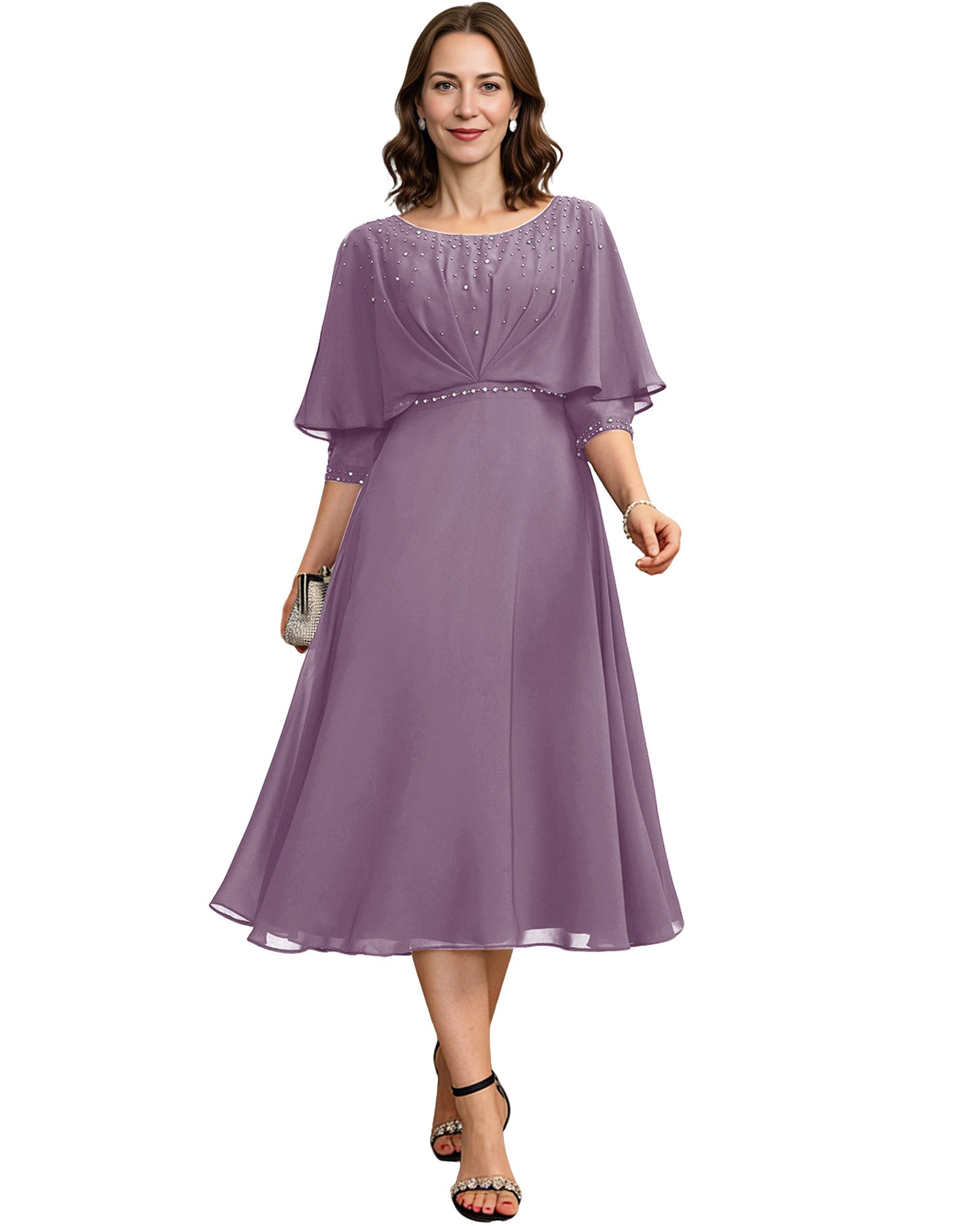 Beaded Cape Mother of the Bride Dress Tea Length Chiffon A-Line Formal Guest Gown