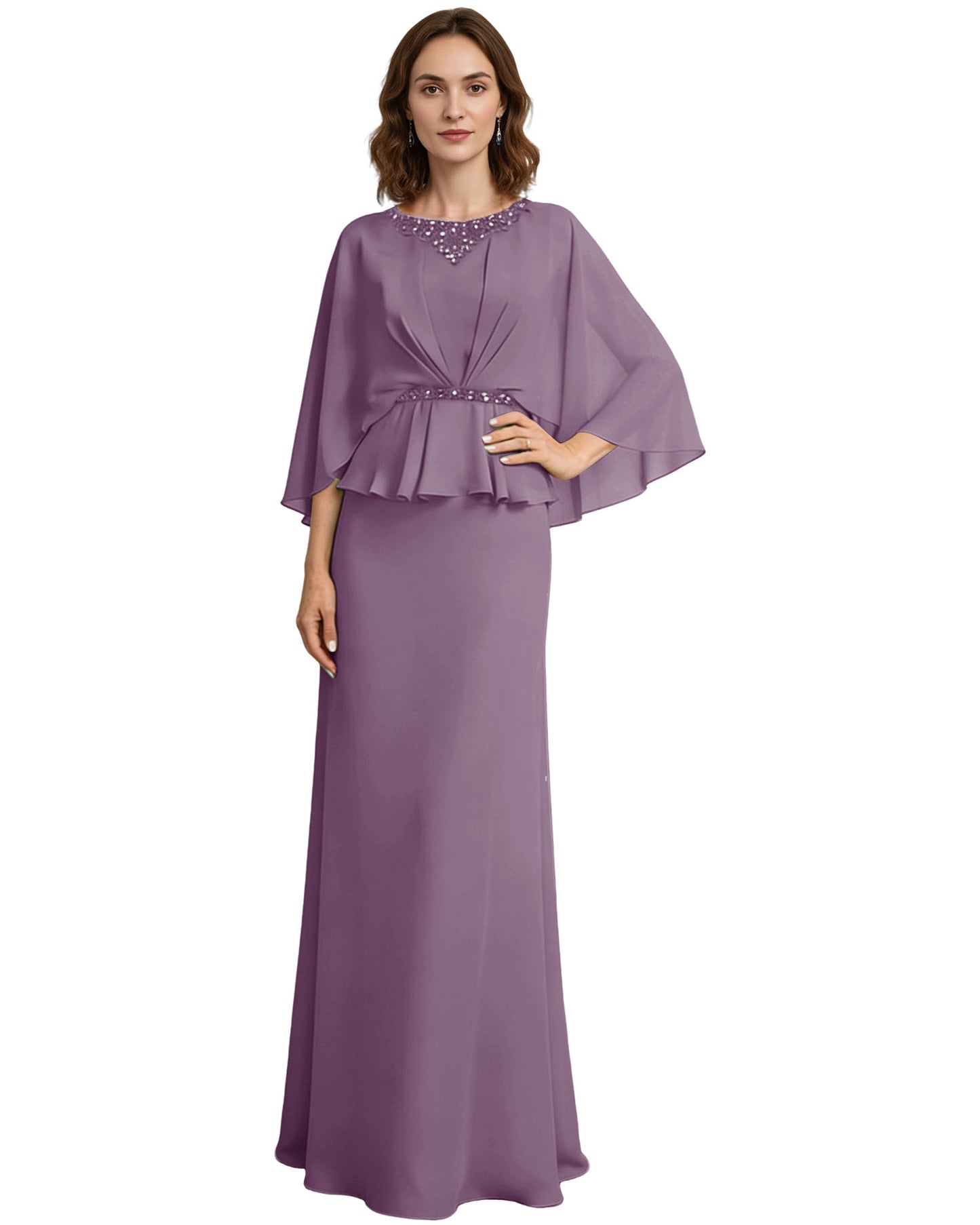 Capelet Mother of the Bride Dress Long Beaded Neck Peplum Chiffon Formal Gown