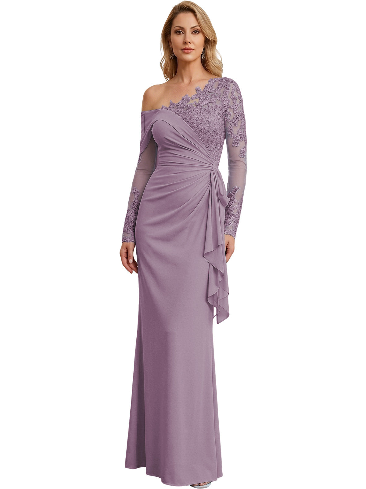 One Shoulder Mother of the Bride Gown Long Lace Sleeve Mermaid Dress with Draped Ruffle