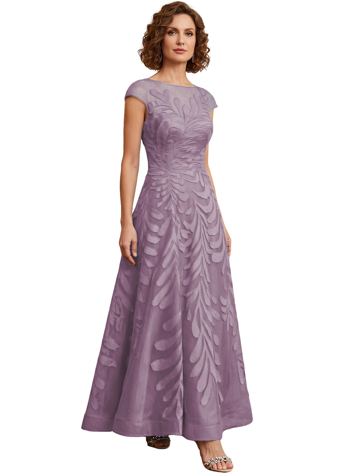 Embroidered Tulle Mother of the Bride Dress Long A-Line Gown with Illusion Cap Sleeves