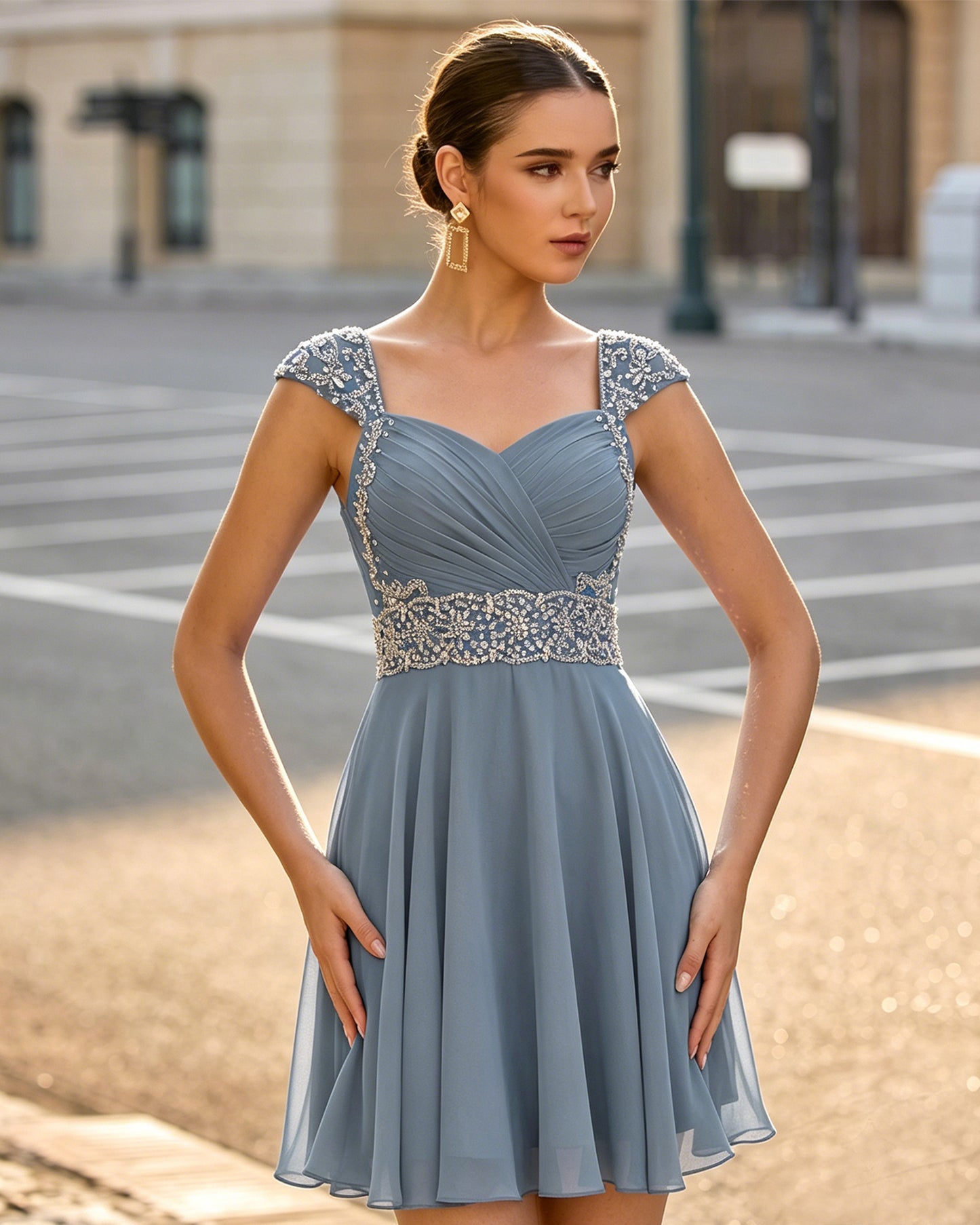 Sweetheart Ruched Chiffon Short Homecoming Dress with Beaded Cap Sleeves