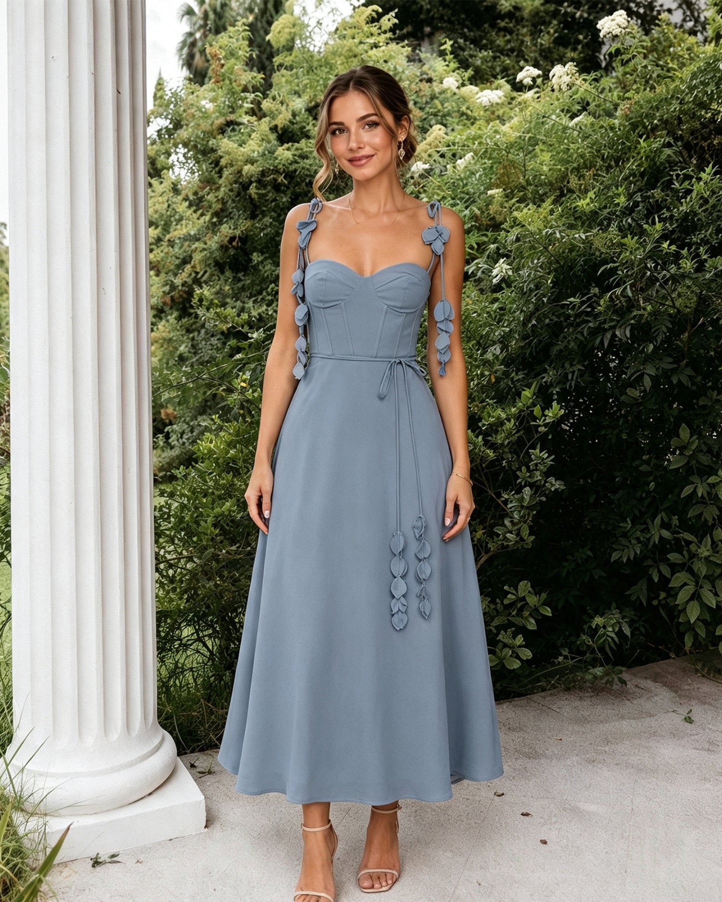 Sweetheart Floral Strap A-Line Midi Bridesmaid Dress with Corset Bodice