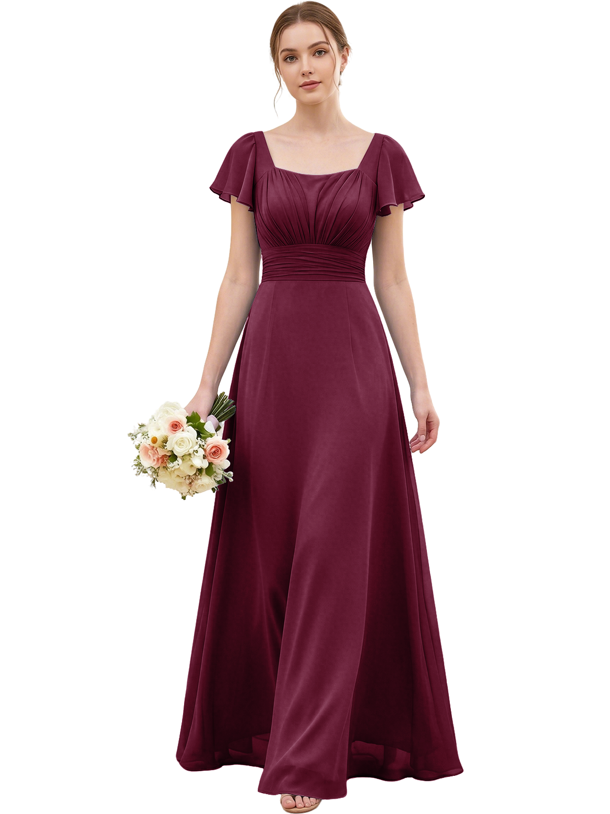 Square Neck Chiffon Bridesmaid Dress with Flutter Sleeves and Lace-Up Back