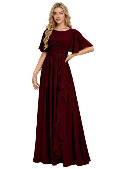 Flutter Sleeve Chiffon Bridesmaid Dress with Tiered Front Ruffle