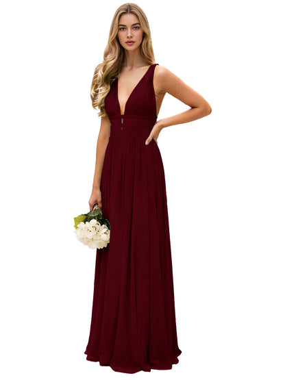 Spaghetti Strap V-Neck Chiffon Bridesmaid Dress with Open Back