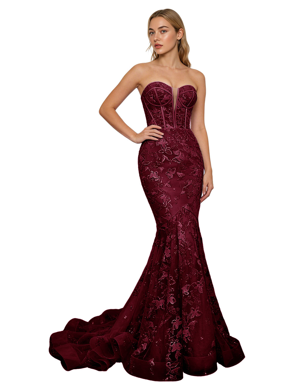 Strapless Lavender Lace Mermaid Prom Dress with Sheer Corset and Train